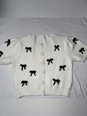 White Short-Sleeve Knit Cardigan with Black Bow Appliqués
